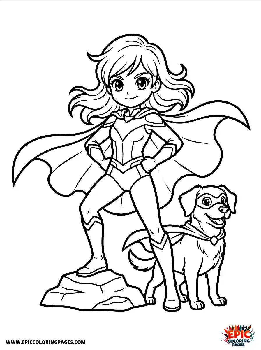 Girl with Dog Girl with dog anime style striking a heroic pose superhero wearing a dynamic cape