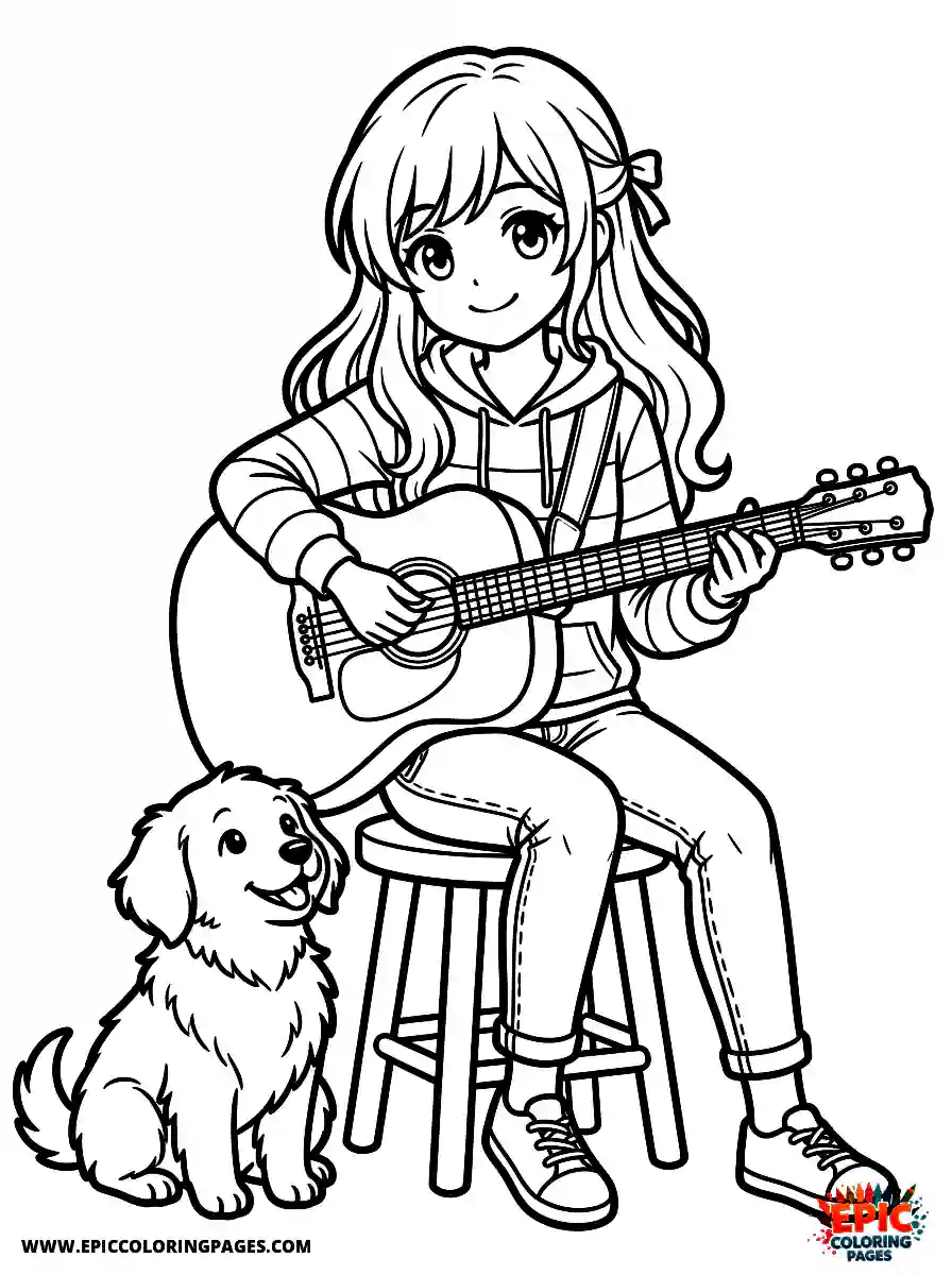 Girl with Dog Girl with dog anime style strumming an acoustic guitar wearing casual jeans