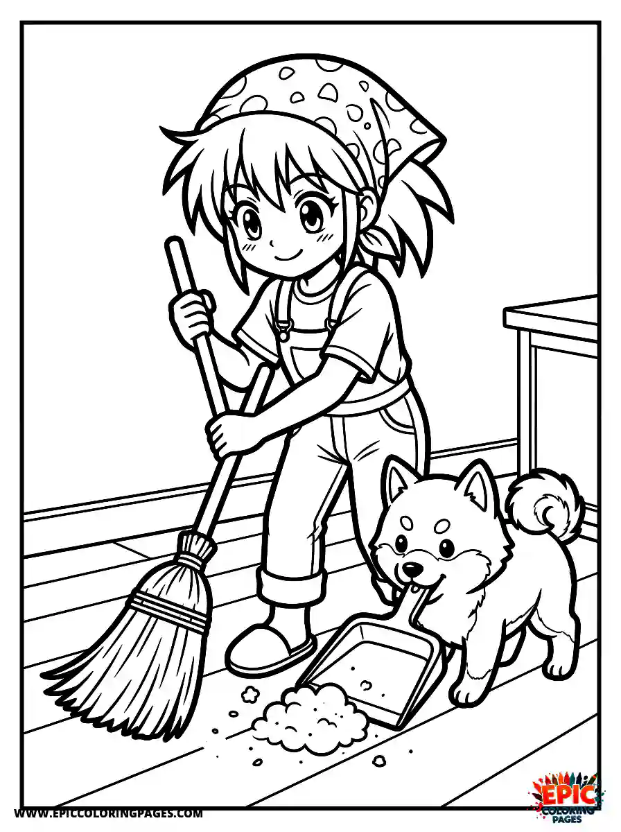 Girl with Dog Girl with dog anime style sweeping the floor with a broom wearing a dust bandana
