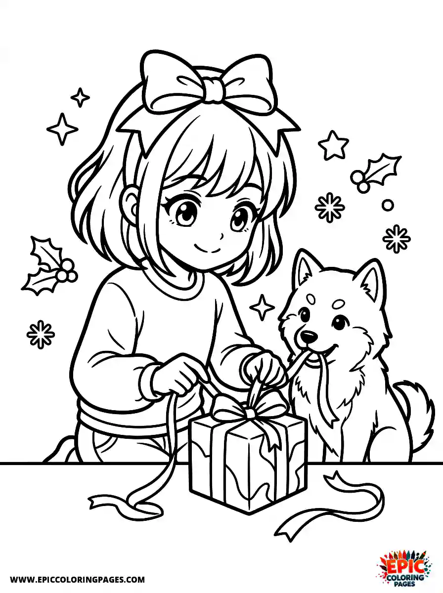 Girl with Dog Girl with dog anime style wrapping a small gift box wearing a festive bow