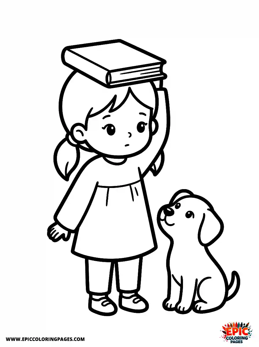 Girl with Dog Girl with dog balancing a book on her head wearing a tunic
