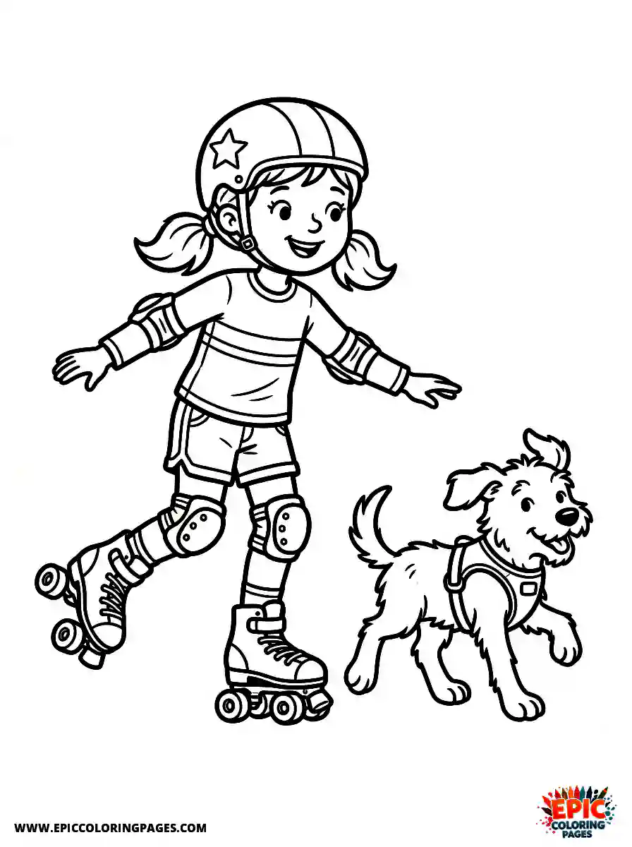 Girl with Dog Girl with dog balancing on roller skates wearing knee pads