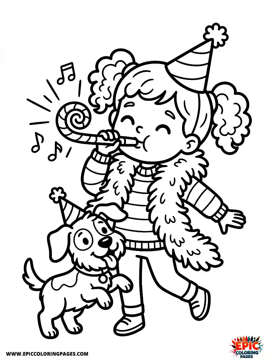 Girl with Dog Girl with dog blowing a loud party whistle wearing a feather boa