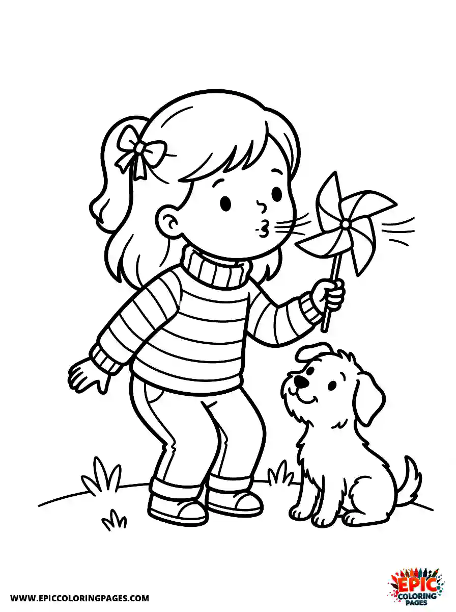 Girl with Dog Girl with dog blowing on a paper pinwheel wearing a striped turtleneck