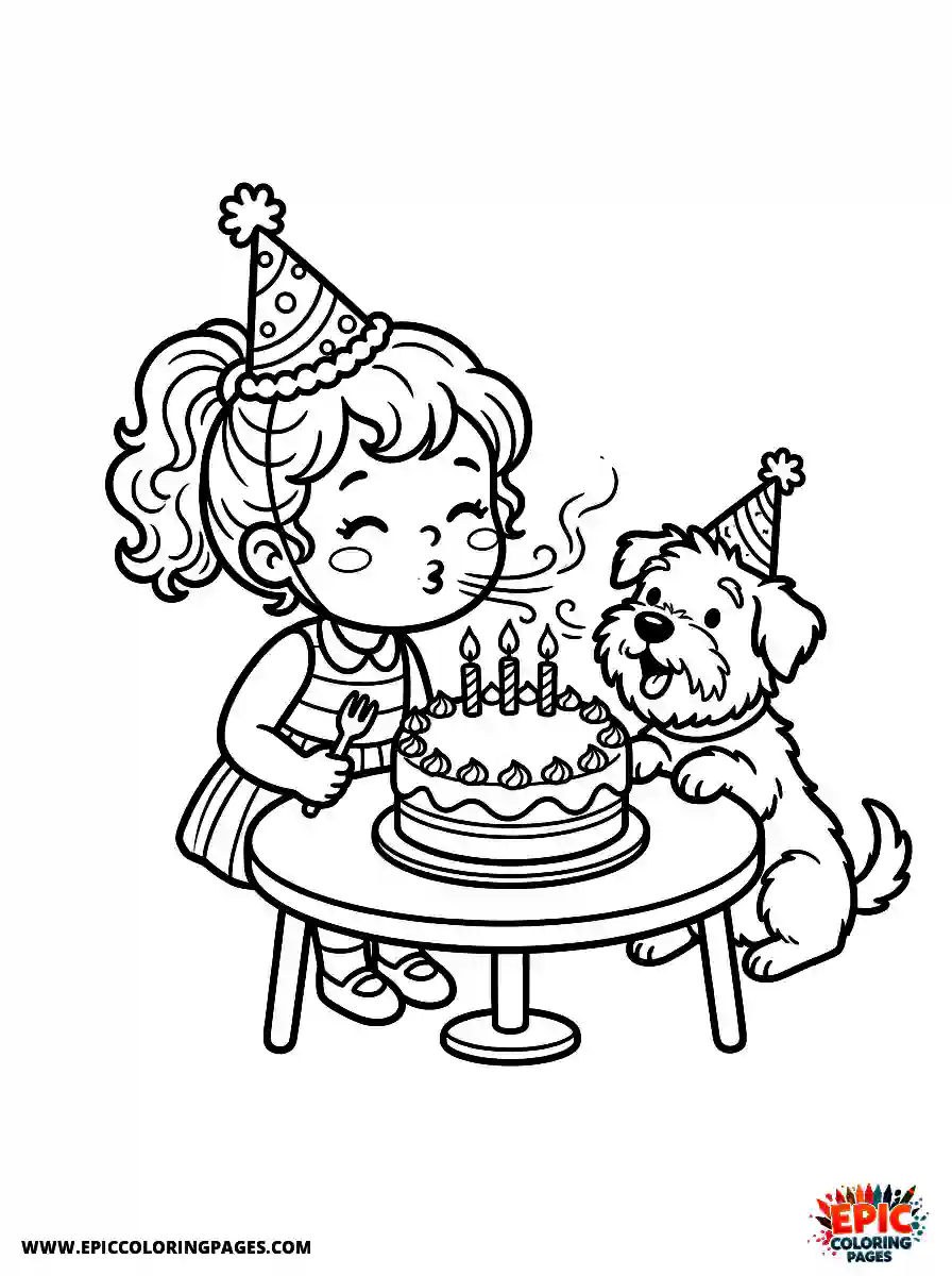 Girl with Dog Girl with dog blowing out candles wearing a party hat