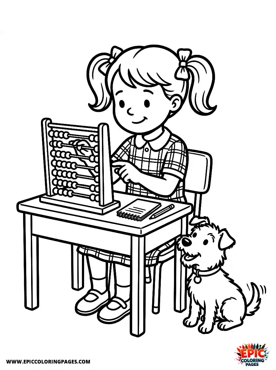 Girl with Dog Girl with dog calculating on an abacus wearing a plaid uniform