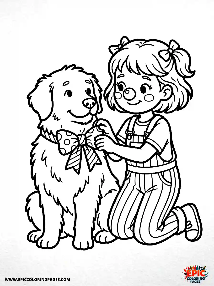 Girl with Dog Girl with dog cartoon style adjusting an oversized bowtie wearing a clown nose