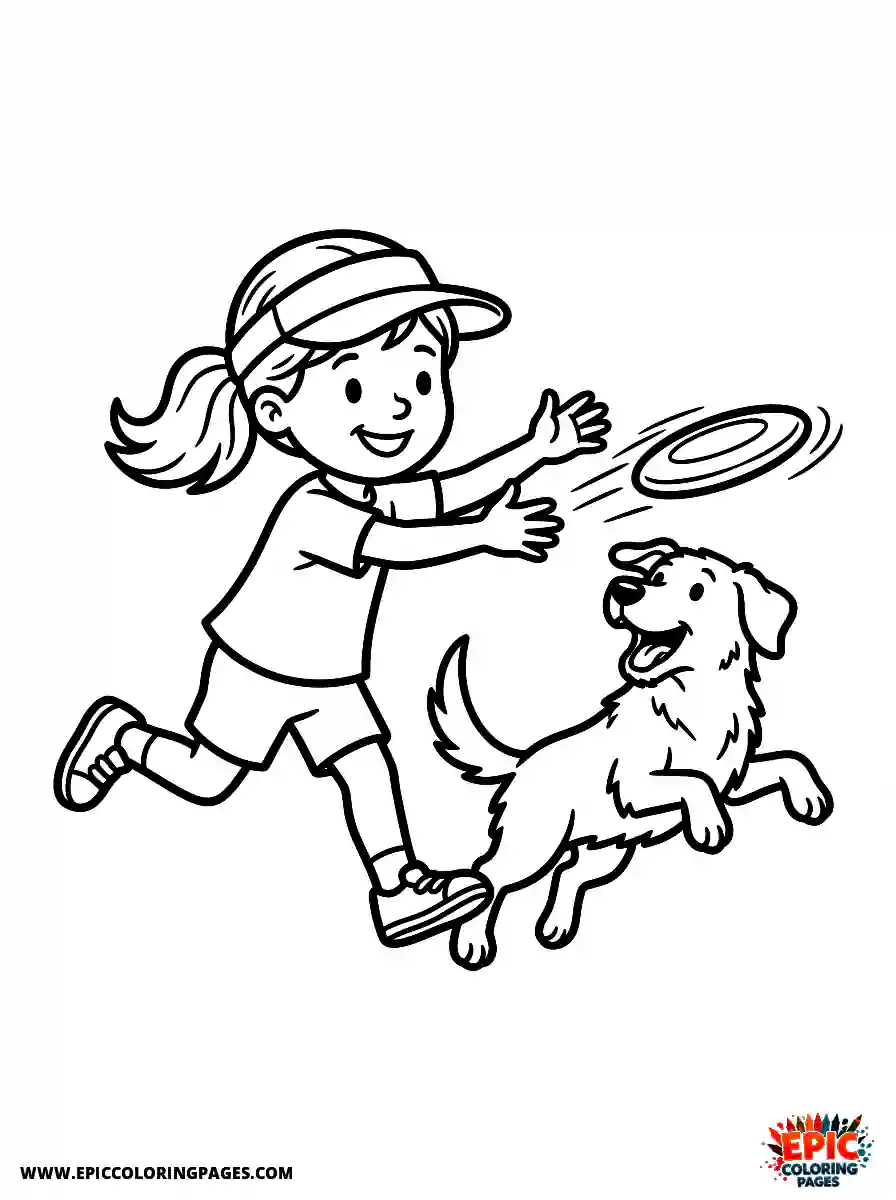 Girl with Dog Girl with dog cartoon style catching a frisbee wearing a visor hat