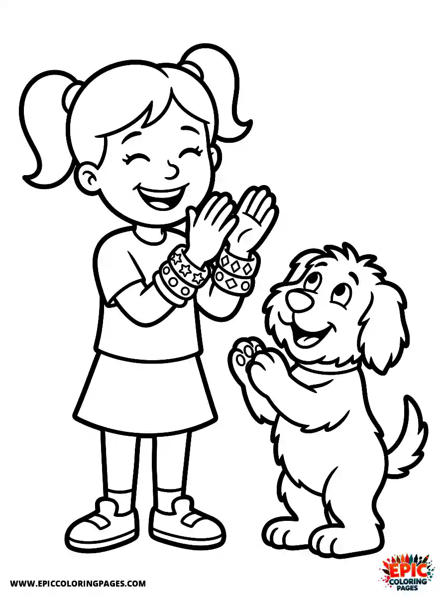 Girl with Dog Girl with dog cartoon style clapping hands together wearing sparkling bracelets