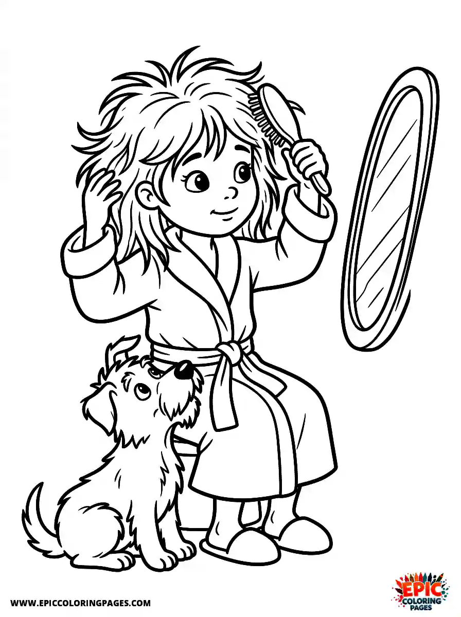 Girl with Dog Girl with dog cartoon style combing messy morning hair wearing a bathrobe