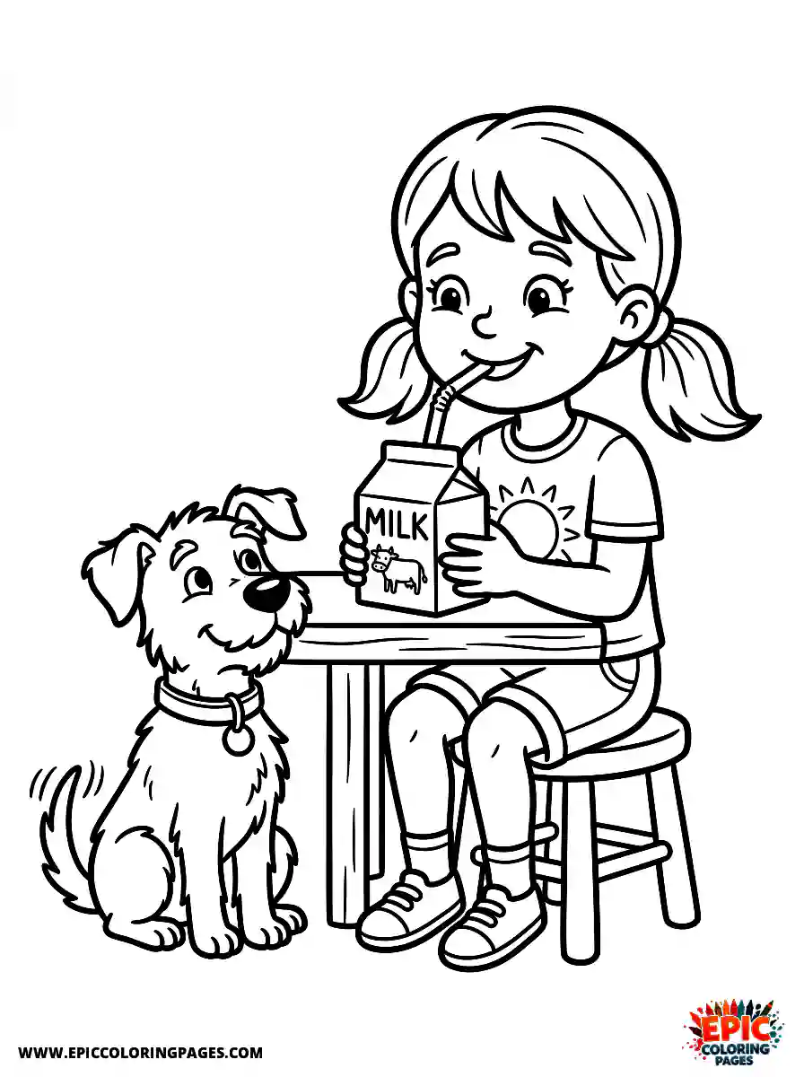 Girl with Dog Girl with dog cartoon style drinking a carton of milk holding a straw