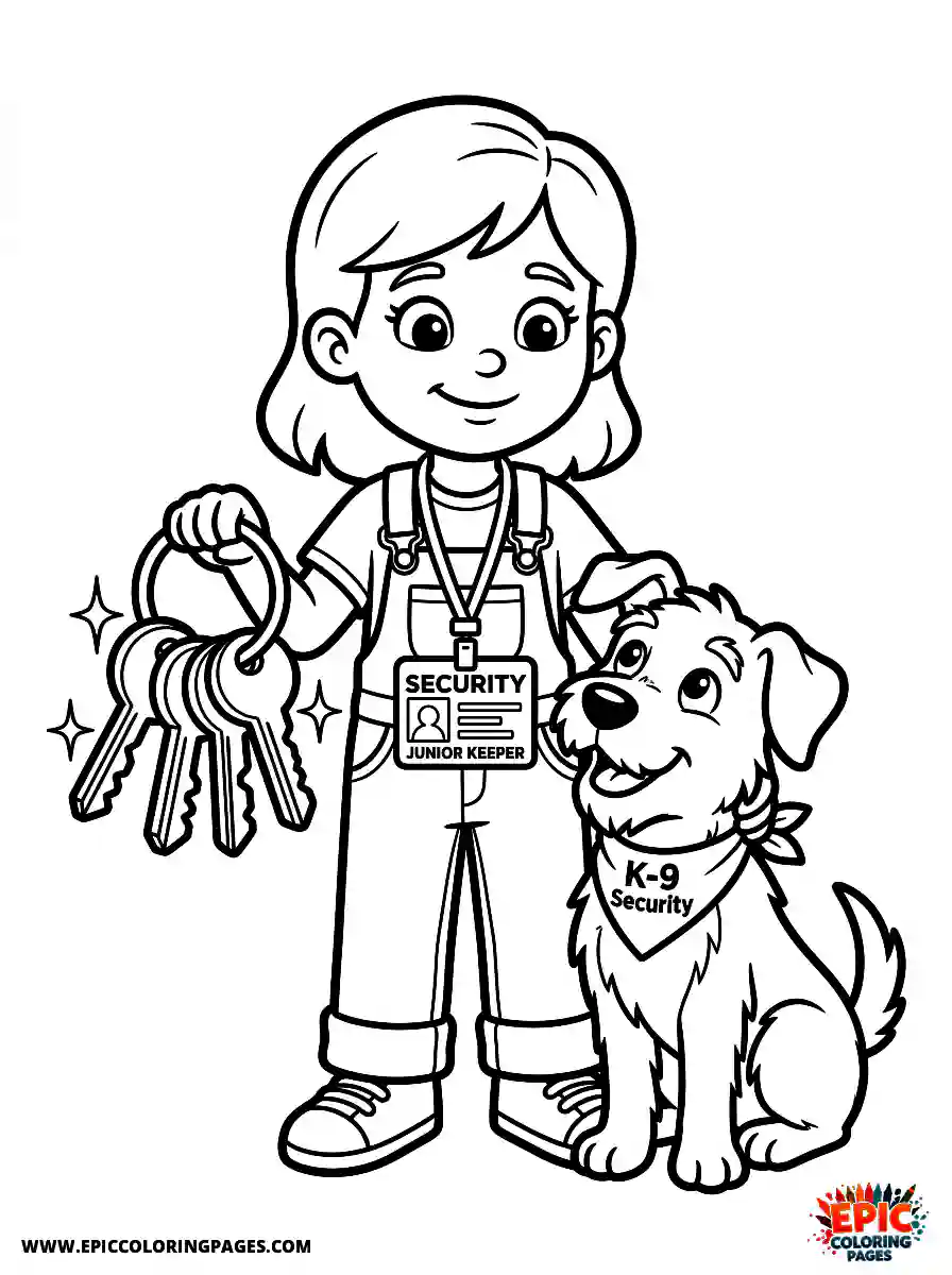 Girl with Dog Girl with dog cartoon style holding a bunch of shiny keys wearing a security badge