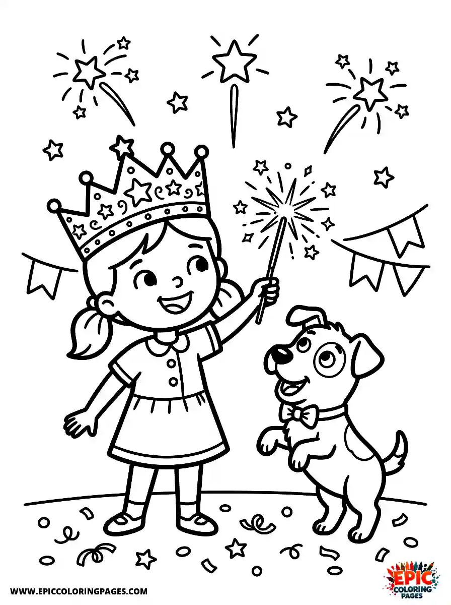 Girl with Dog Girl with dog cartoon style holding a sparkler wearing a festive crown