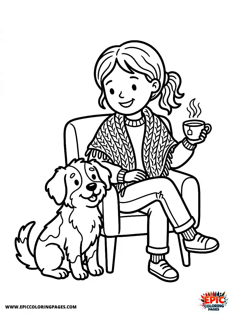 Girl with Dog Girl with dog cartoon style holding a steaming cup of tea wearing a knitted shawl