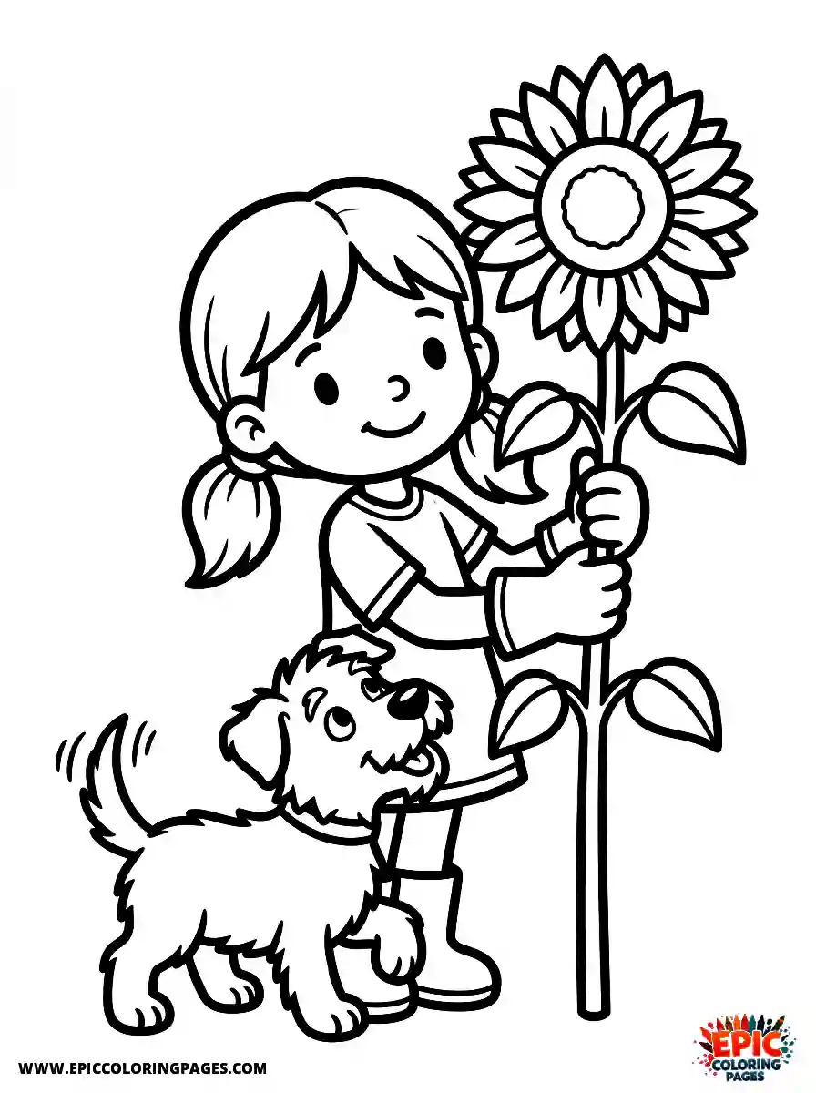 Girl with Dog Girl with dog cartoon style holding a tall vibrant sunflower wearing gardening gloves