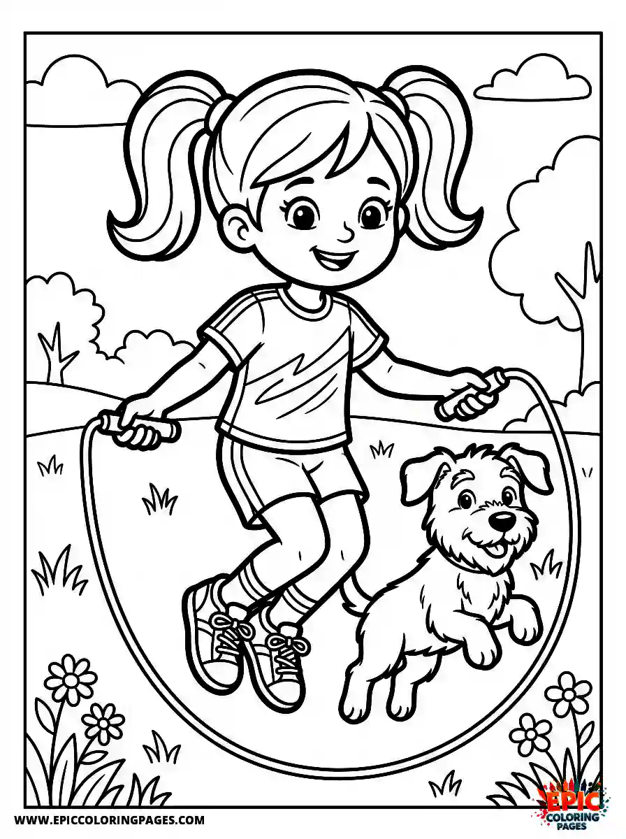 Girl with Dog Girl with dog cartoon style jumping a skipping rope wearing running sneakers
