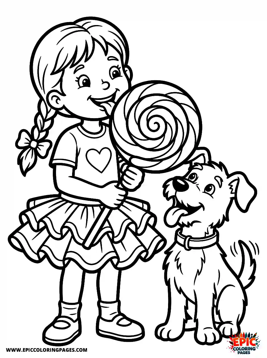 Girl with Dog Girl with dog cartoon style licking a giant swirl lollipop wearing a ruffled skirt