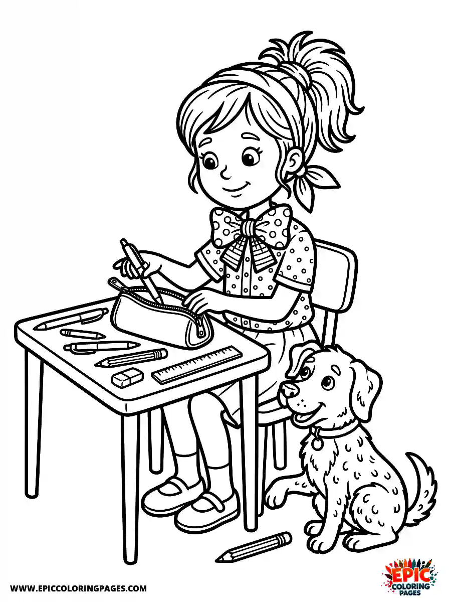 Girl with Dog Girl with dog cartoon style packing a pencil case wearing a bow tie