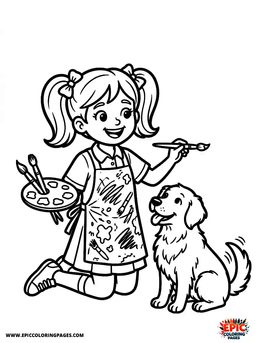 Girl with Dog Girl with dog cartoon style painting on a canvas wearing a messy apron
