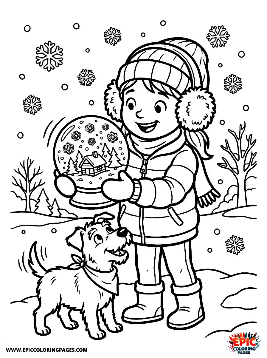 Girl with Dog Girl with dog cartoon style shaking a snow globe wearing fuzzy earmuffs
