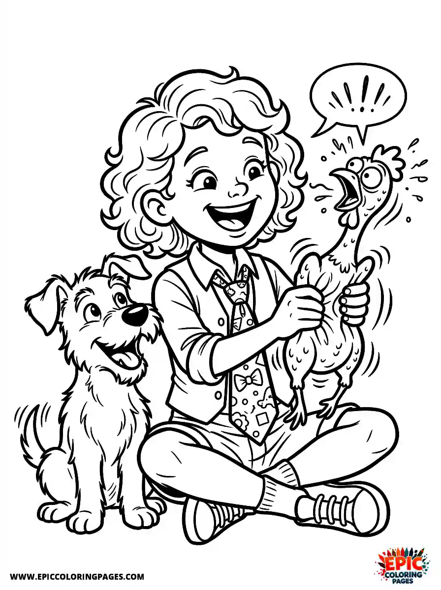 Girl with Dog Girl with dog cartoon style squeezing a loud rubber chicken wearing a comedy tie