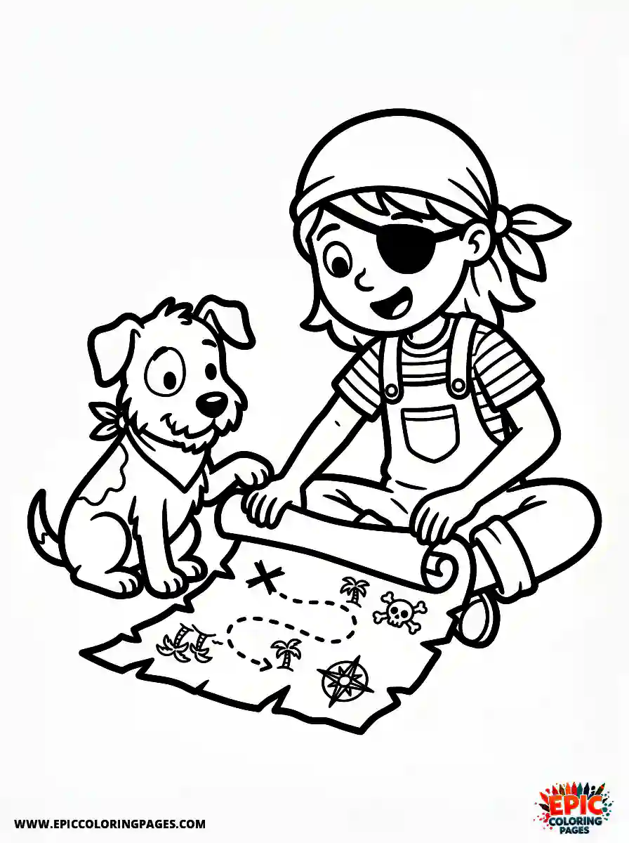 Girl with Dog Girl with dog cartoon style unrolling a torn treasure map pirate wearing an eye patch