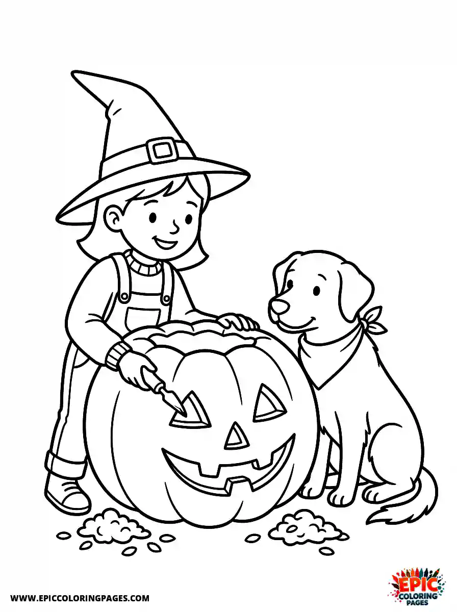 Girl with Dog Girl with dog carving a huge pumpkin wearing a witch hat