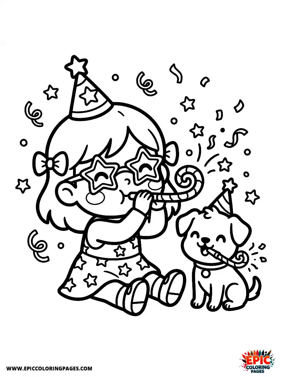 Girl with Dog Girl with dog chibi style blowing a party horn wearing star shaped glasses