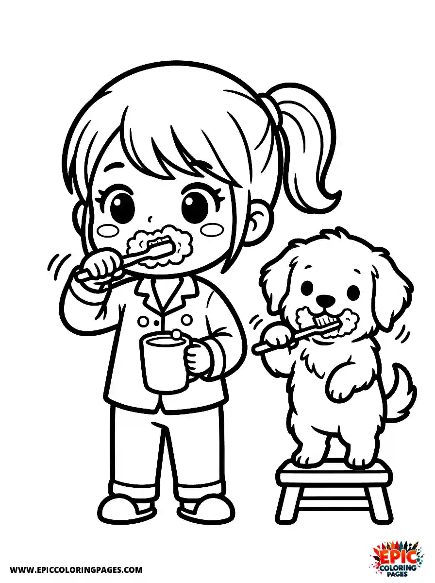Girl with Dog Girl with dog chibi style brushing teeth vigorously holding a cup of water