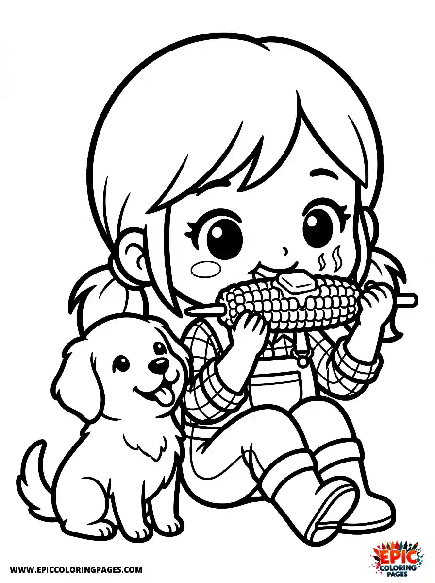 Girl with Dog Girl with dog chibi style eating a stick of buttery corn wearing a country flannel