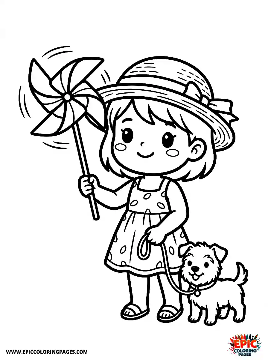 Girl with Dog Girl with dog chibi style holding a colorful spinning pinwheel wearing a summer hat