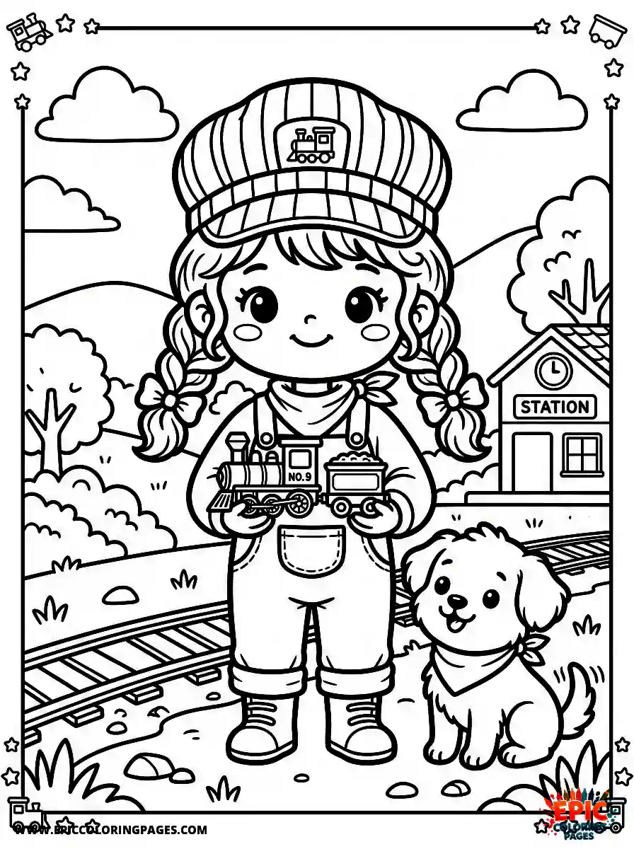 Girl with Dog Girl with dog chibi style holding a tiny toy train wearing an engineer cap