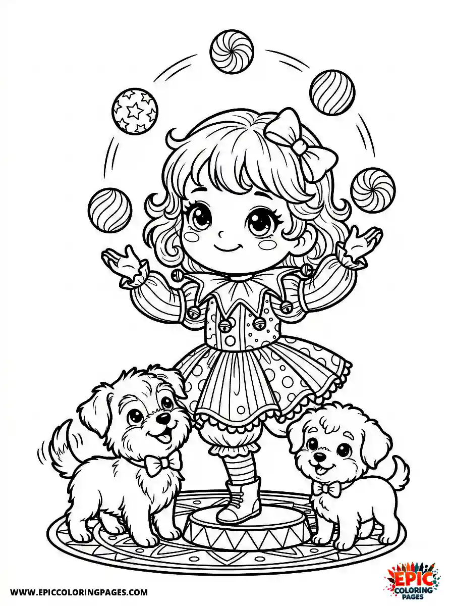 Girl with Dog Girl with dog chibi style juggling three small balls wearing a jester collar