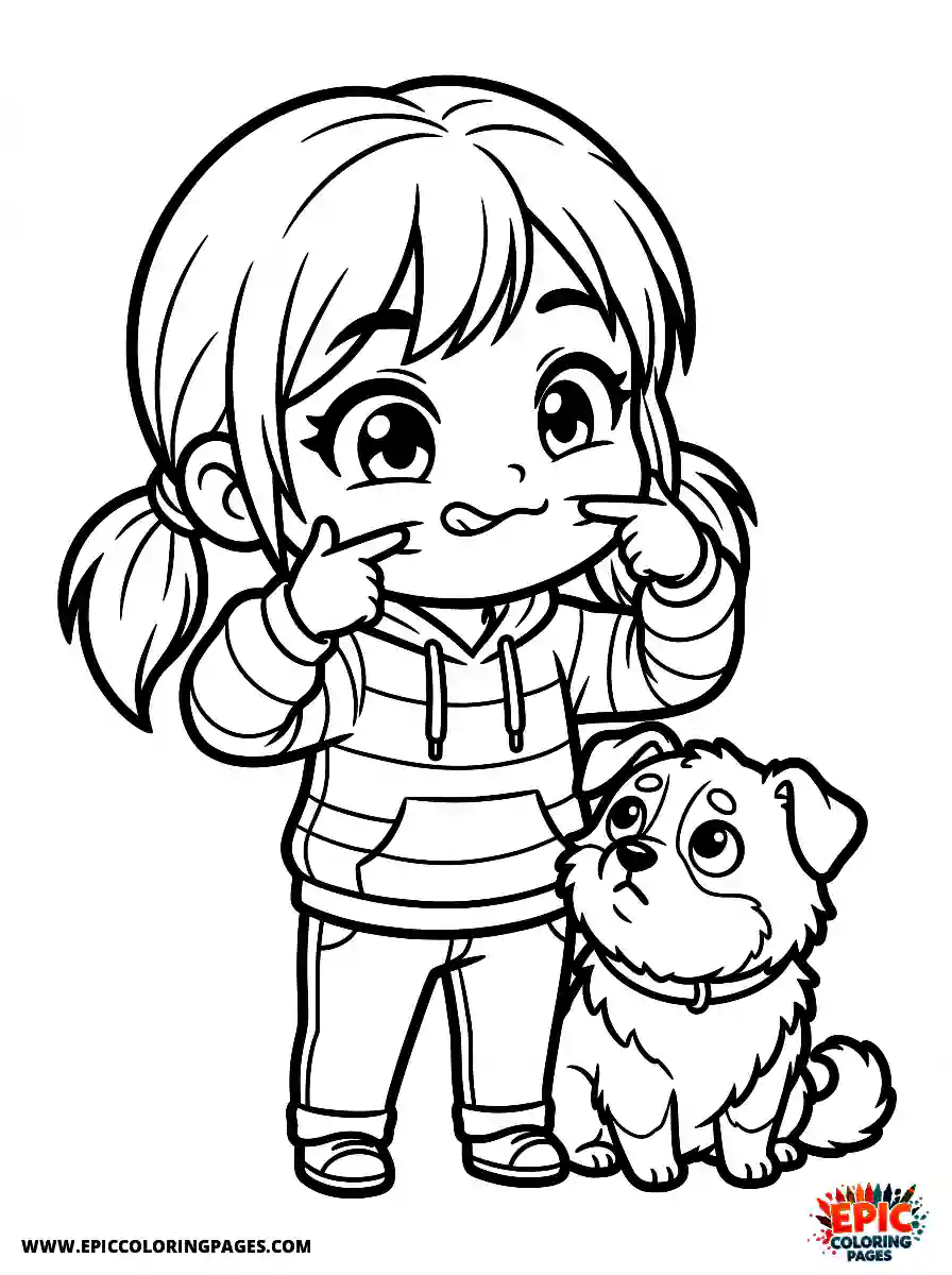 Girl with Dog Girl with dog chibi style making a funny face stretching her cheeks with fingers