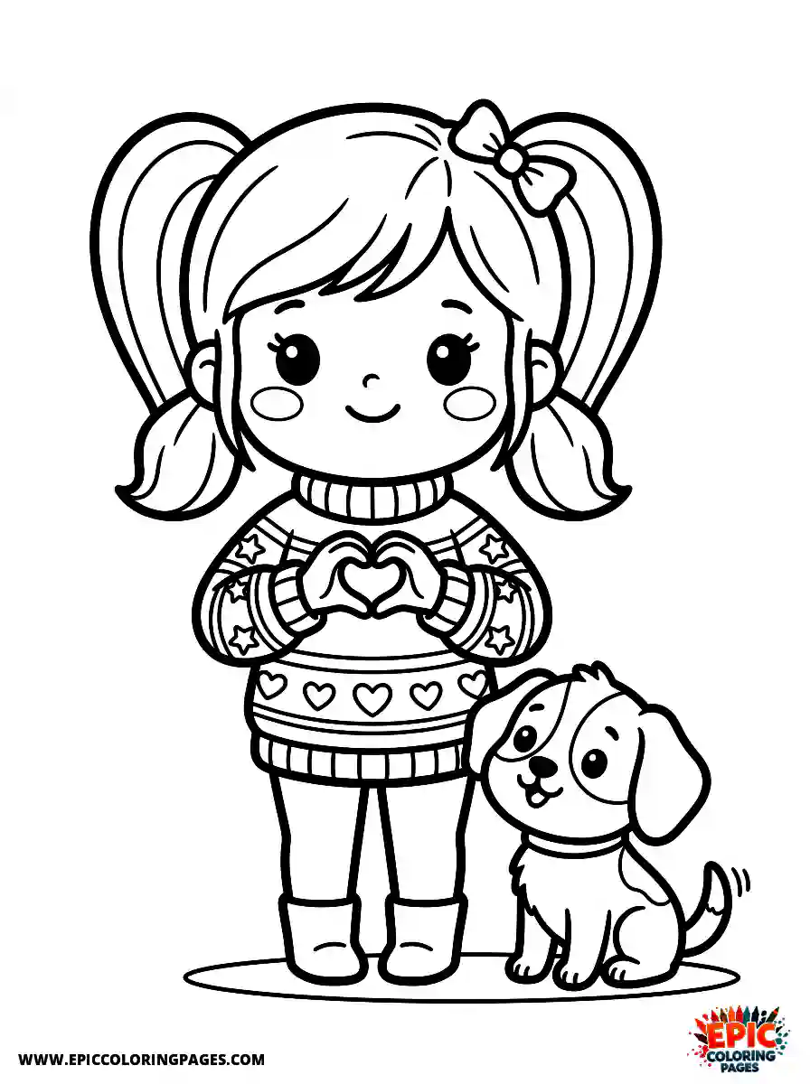 Girl with Dog Girl with dog chibi style making a heart shape with her hands wearing a cozy sweater