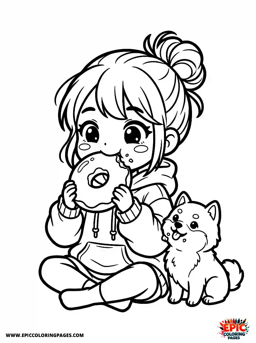 Girl with Dog Girl with dog chibi style munching on a glazed donut wearing an oversized hoodie