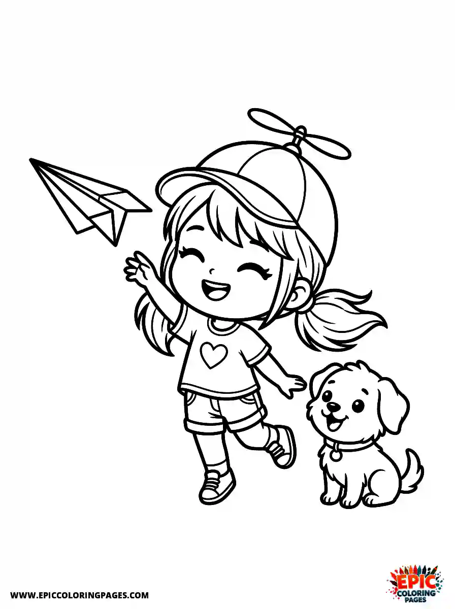 Girl with Dog Girl with dog chibi style tossing a folded paper airplane wearing a propeller beanie