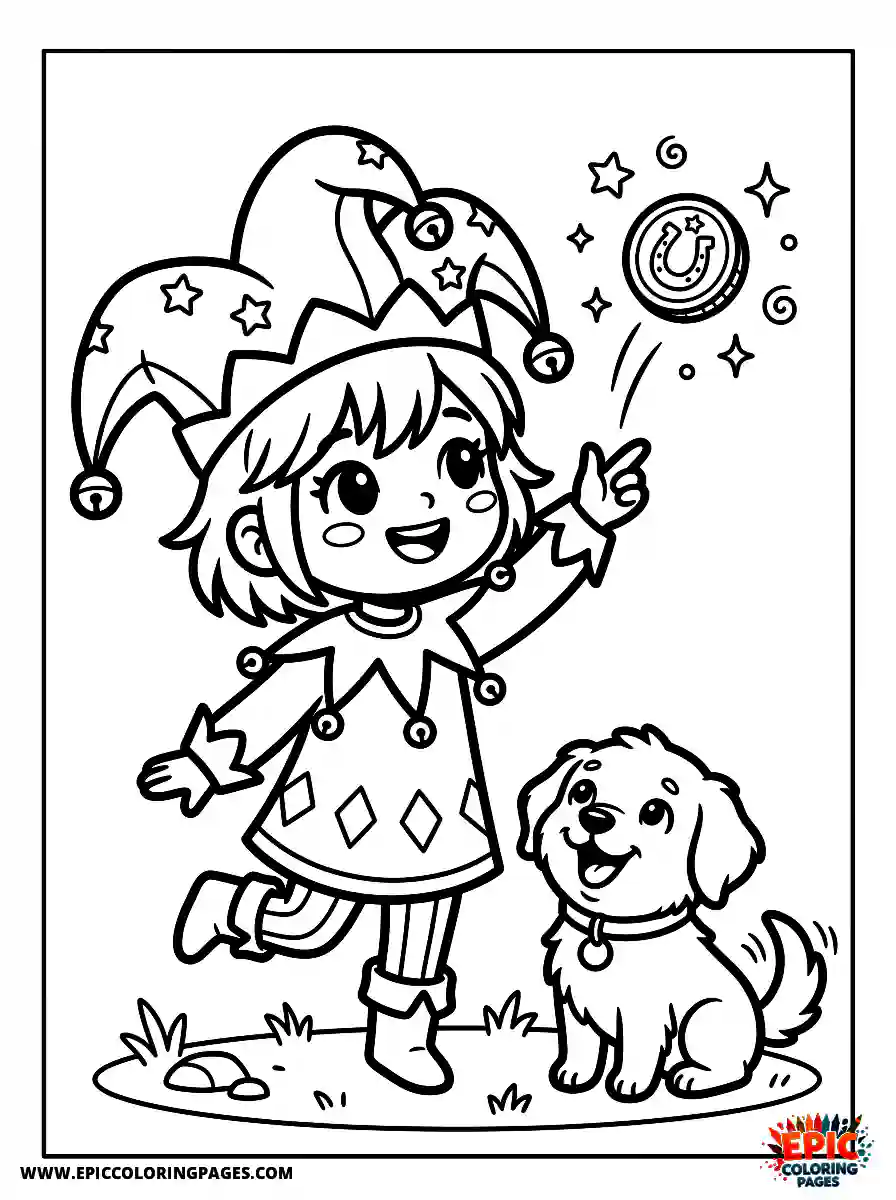 Girl with Dog Girl with dog chibi style tossing a lucky coin wearing a jester hat