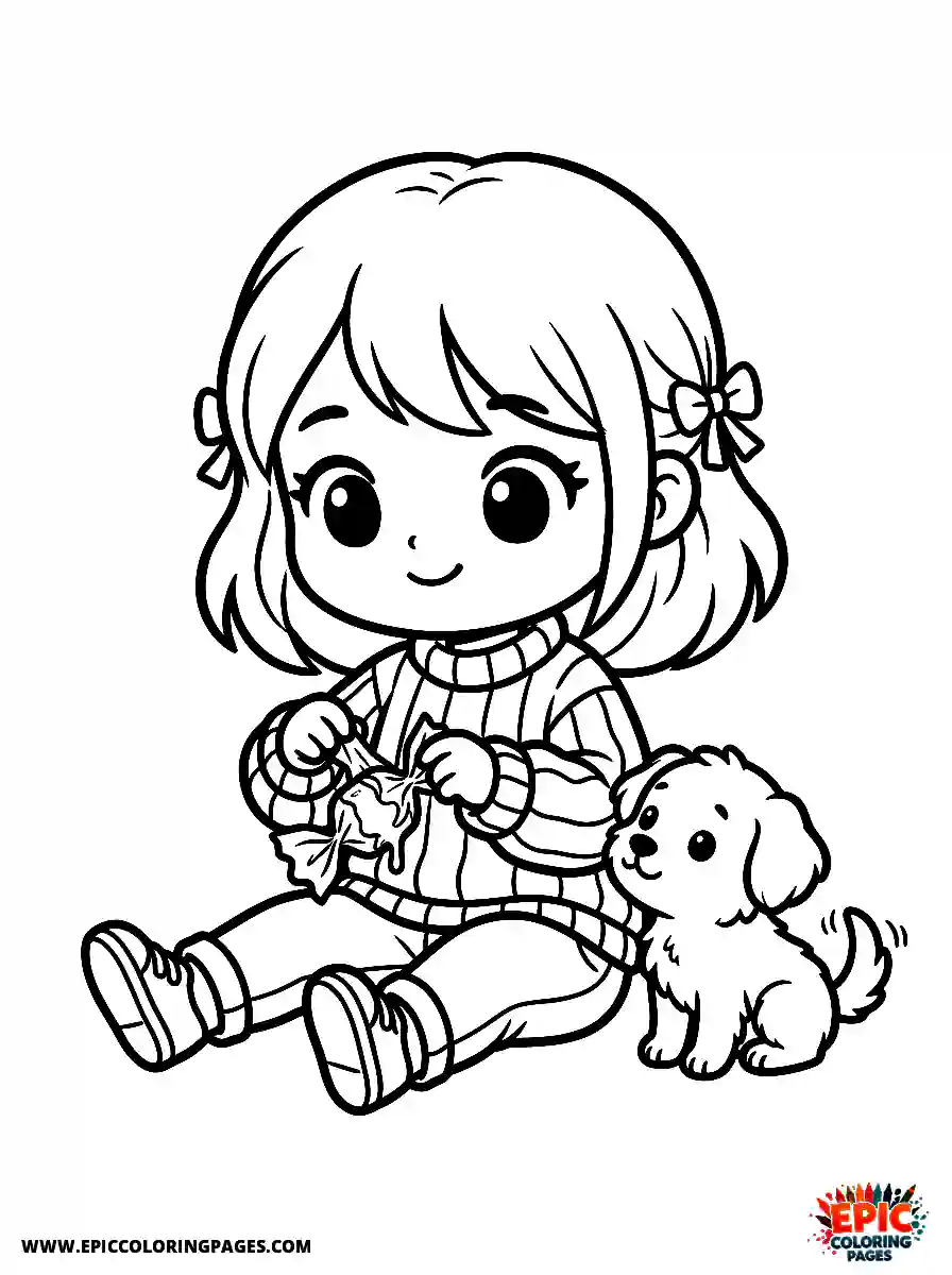 Girl with Dog Girl with dog chibi style unwrapping a sticky candy wrapper wearing a bright sweater