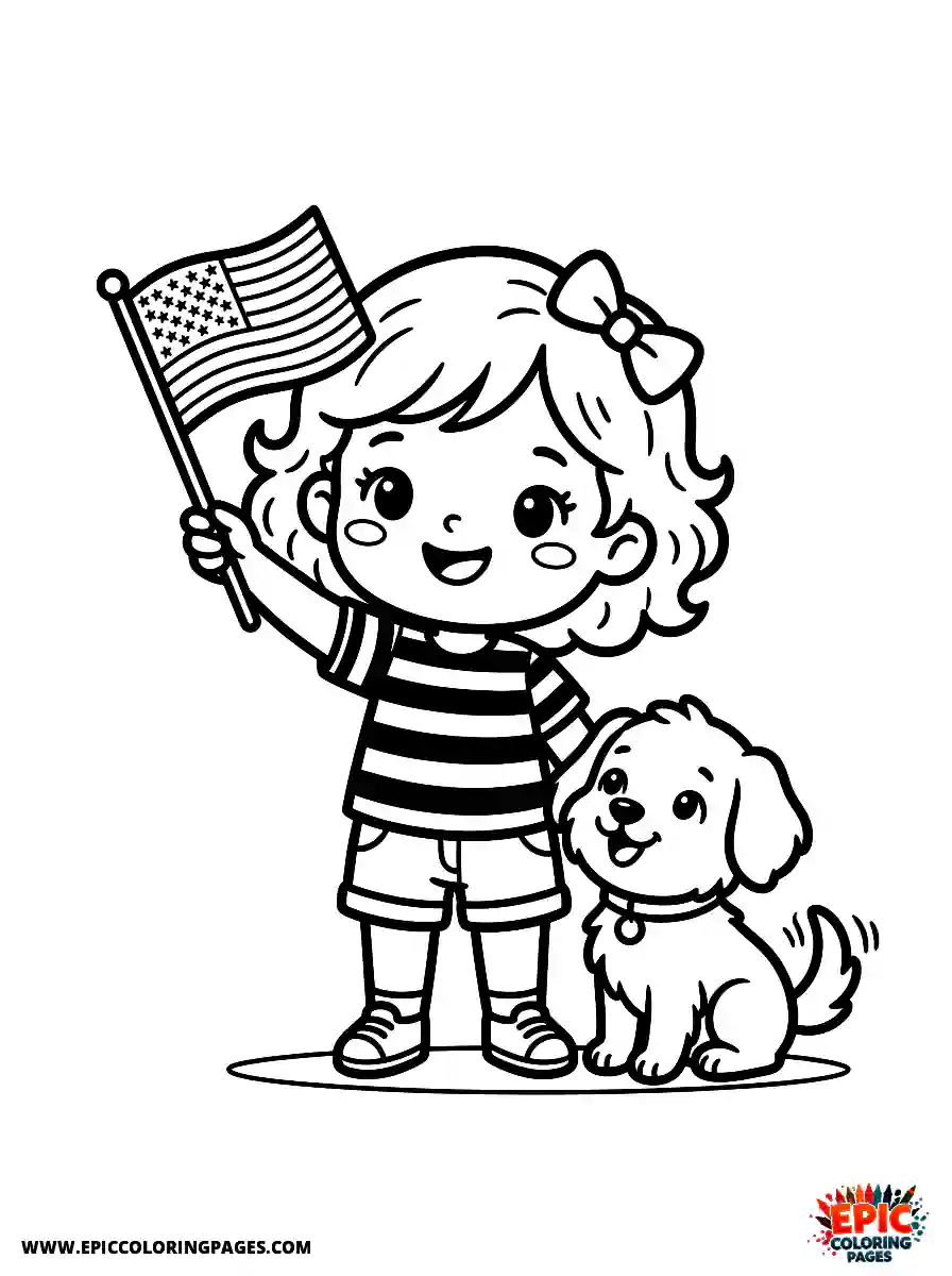 Girl with Dog Girl with dog chibi style waving a small flag wearing a striped shirt
