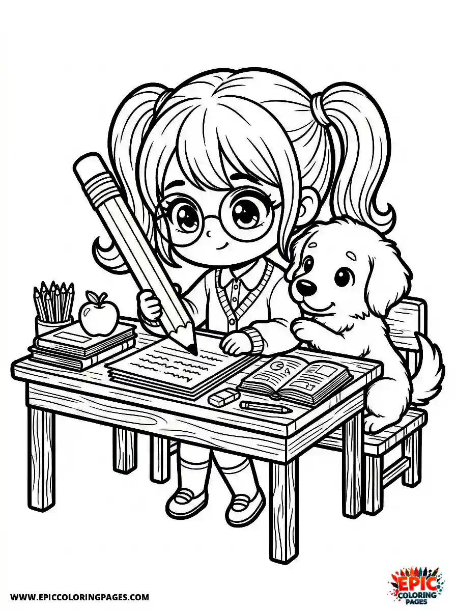 Girl with Dog Girl with dog chibi style writing an essay holding a giant pencil