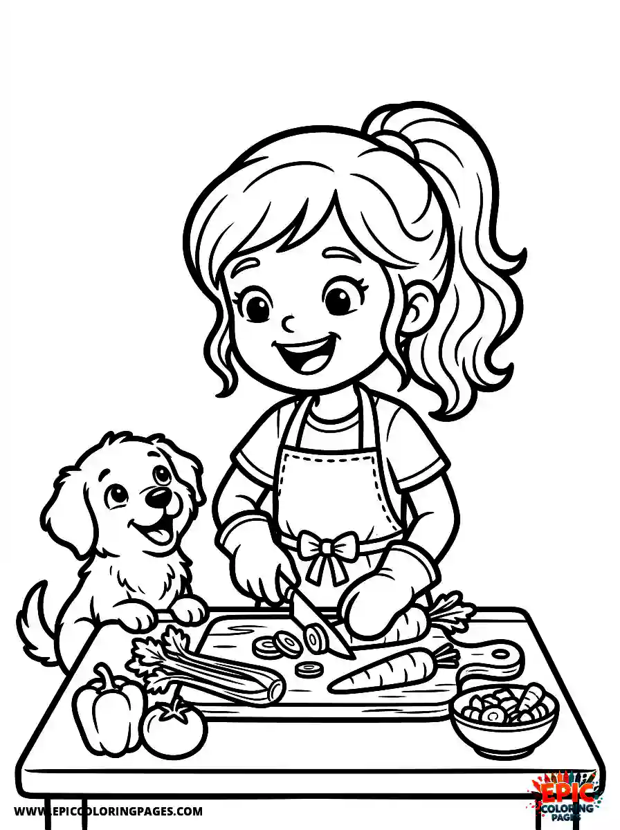 Girl with Dog Girl with dog chopping vegetables wearing chef gloves