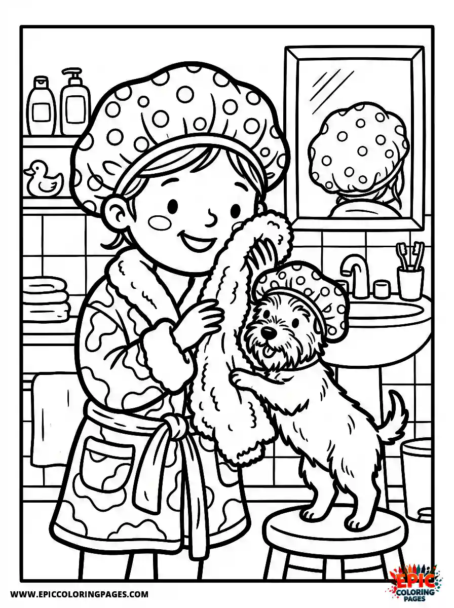 Girl with Dog Girl with dog drying face with a fluffy towel wearing a shower cap