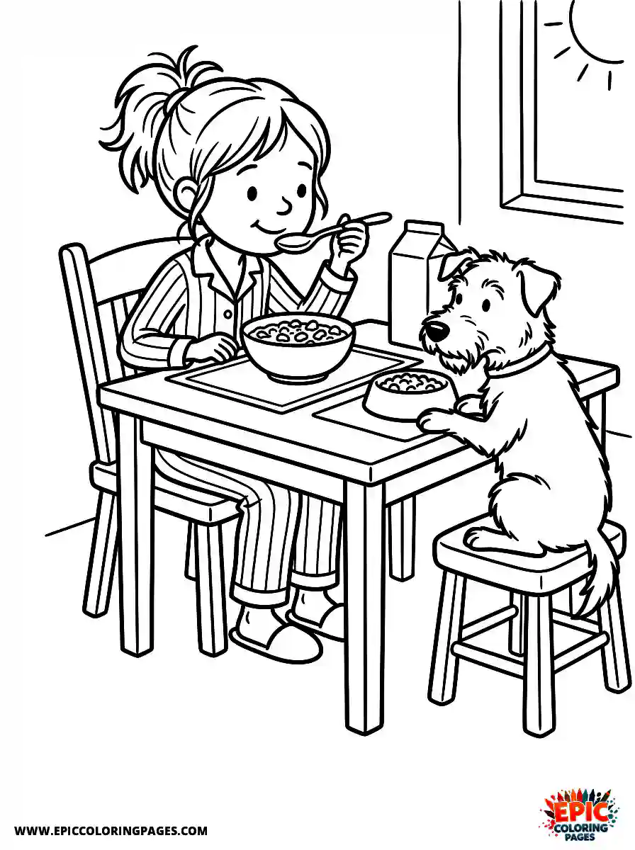 Girl with Dog Girl with dog eating a bowl of cereal holding a metal spoon