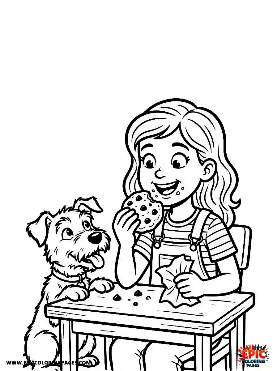 Girl with Dog Girl with dog eating a chocolate chip cookie holding a paper napkin