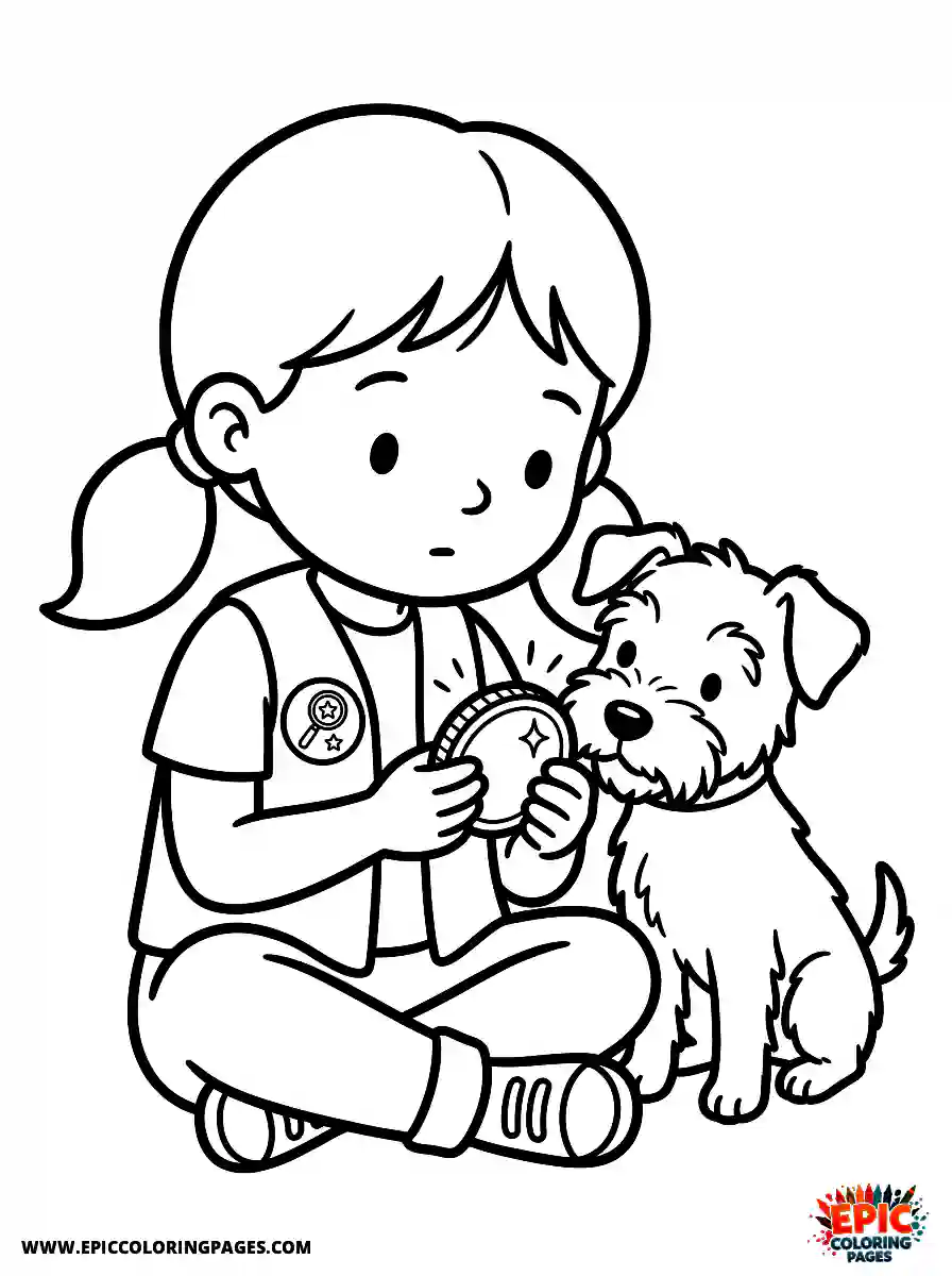 Girl with Dog Girl with dog examining a shiny coin wearing a collector badge