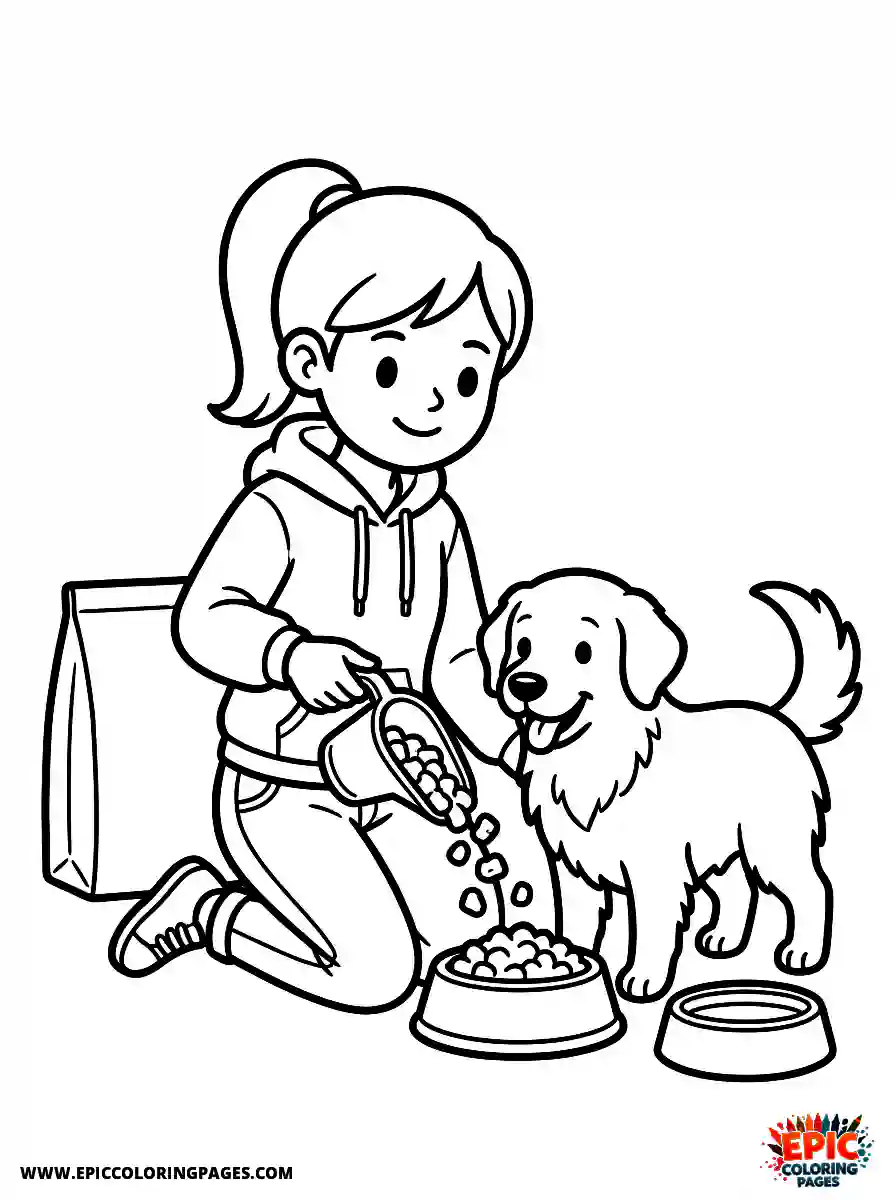 Girl with Dog Girl with dog feeding pet food into a bowl holding a scoop