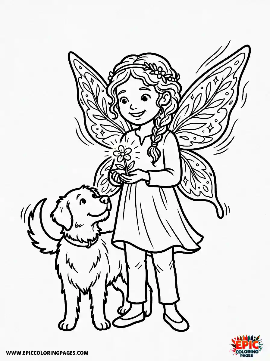 Girl with Dog Girl with dog fluttering delicate fairy wings holding a glowing flower