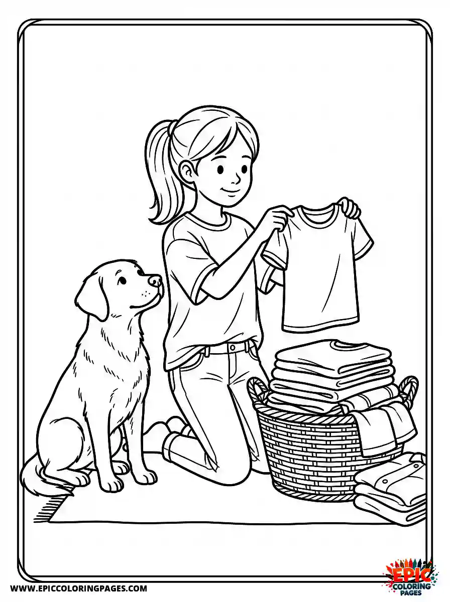 Girl with Dog Girl with dog folding laundry holding a folded shirt