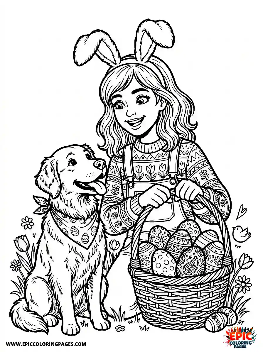 Girl with Dog Girl with dog holding a basket of eggs wearing bunny ears